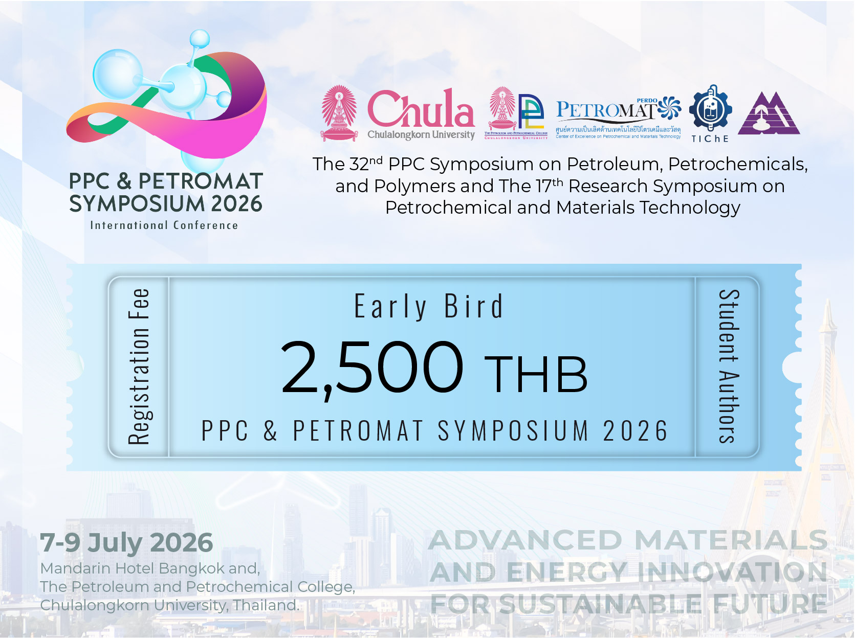 ค่าลงทะเบียนงานประชุมวิชาการ (Student, Early Bird, Package A) "The 32nd PPC Symposium on Petroleum, Petrochemicals, and Polymers and The 17th Research Symposium on Petrochemical and Materials Technology"